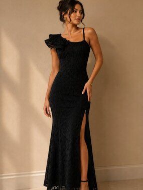 Black One-Shoulder Lace Maxi Dress with Zipper Side Slit | XS